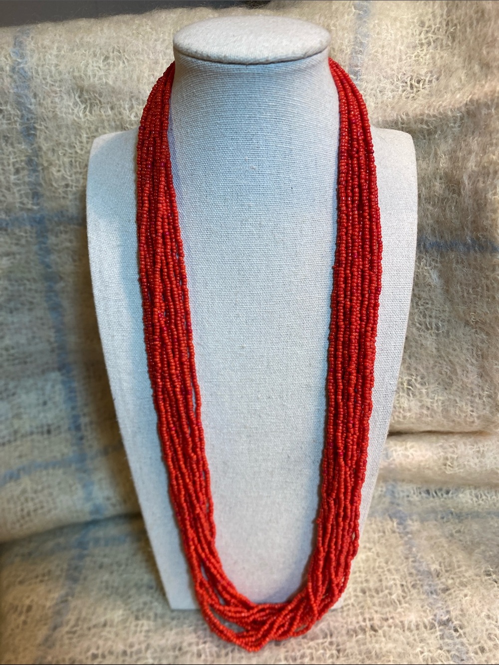Vintage Multi Strand Coral Red Seed Bead Necklace 26” Boho Statement